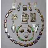 A 9ct gold & jade flexible bracelet; various items of modernist jewellery, millefiori glass bead nec