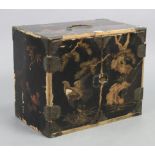A Chinese black & gold lacquered table-top cabinet fitted with an arrangement of five drawers & a