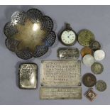 An Edwardian silver engraved vesta case, Birmingham 1902; a chrome-cased gent’s pocket watch; &