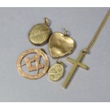 A 9ct. gold Masonic brooch; a 9ct. gold Crucifix pendant on fine-link chain; two 9ct. gold