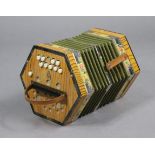 A German accordion in simulated wood & floral-decorated case; 8” wide.