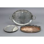 A large silver-plated oval two-handled tray with cast grapevine border & scroll decoration to the