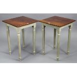 A pair of figured-mahogany square occasional tables, the grey painted undersides each on four fluted