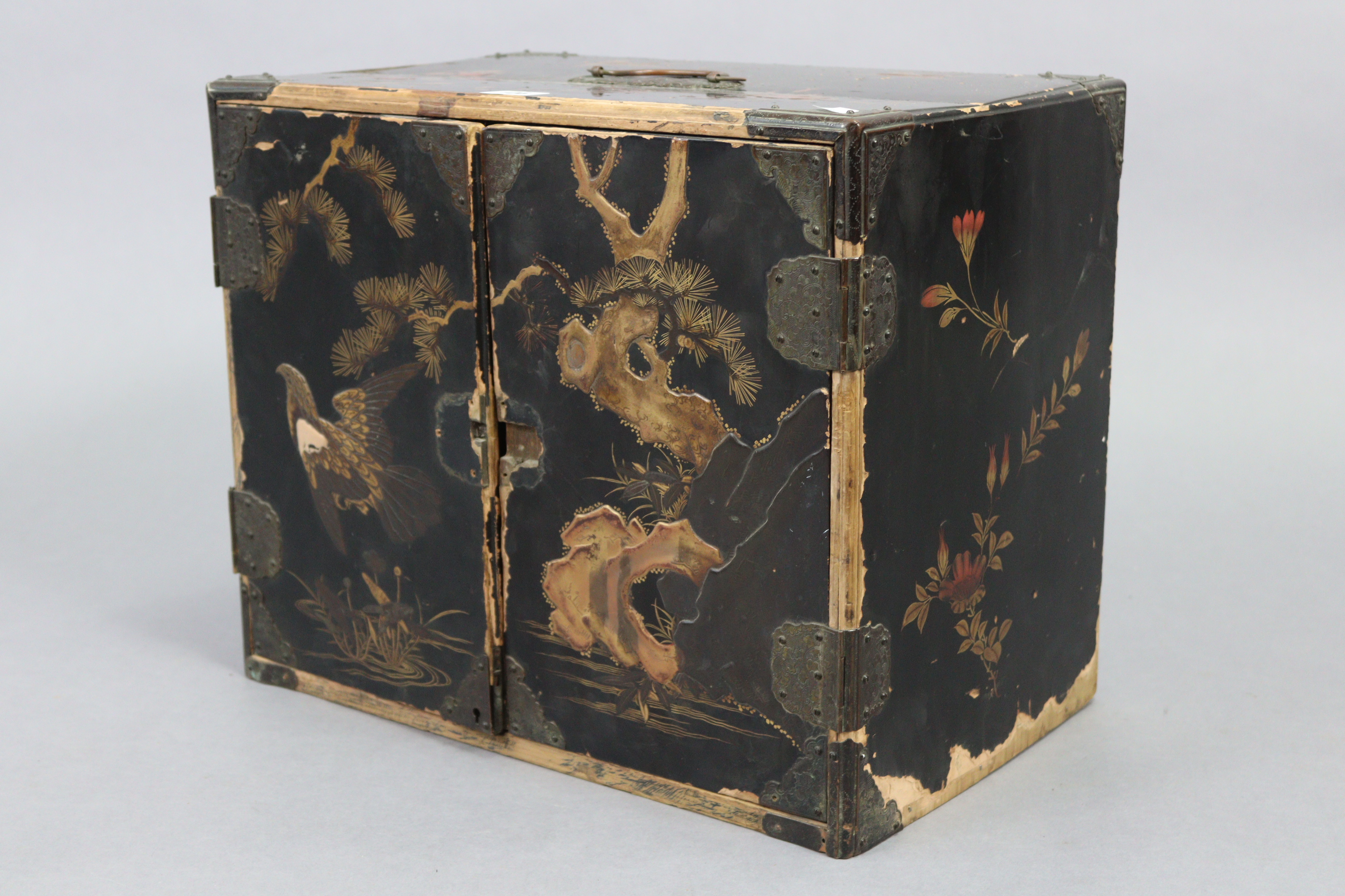 A Chinese black & gold lacquered table-top cabinet fitted with an arrangement of five drawers & a - Image 3 of 3