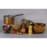 A small copper cooking pan with iron side handle, 4¾” diam.; together with eight items of