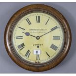 A 19th century wall clock, with black Roman numerals to the 9½” diam. cream enamel painted dial