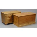 Two pine blanket boxes, each with a hinged lift-lid, 36”, & 31½” wide.