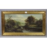 An oil painting on canvas of a river landscape with mountains to the background, unsigned, 11¼” x
