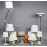 Two modern standard lamps; & nine modern table lamps.
