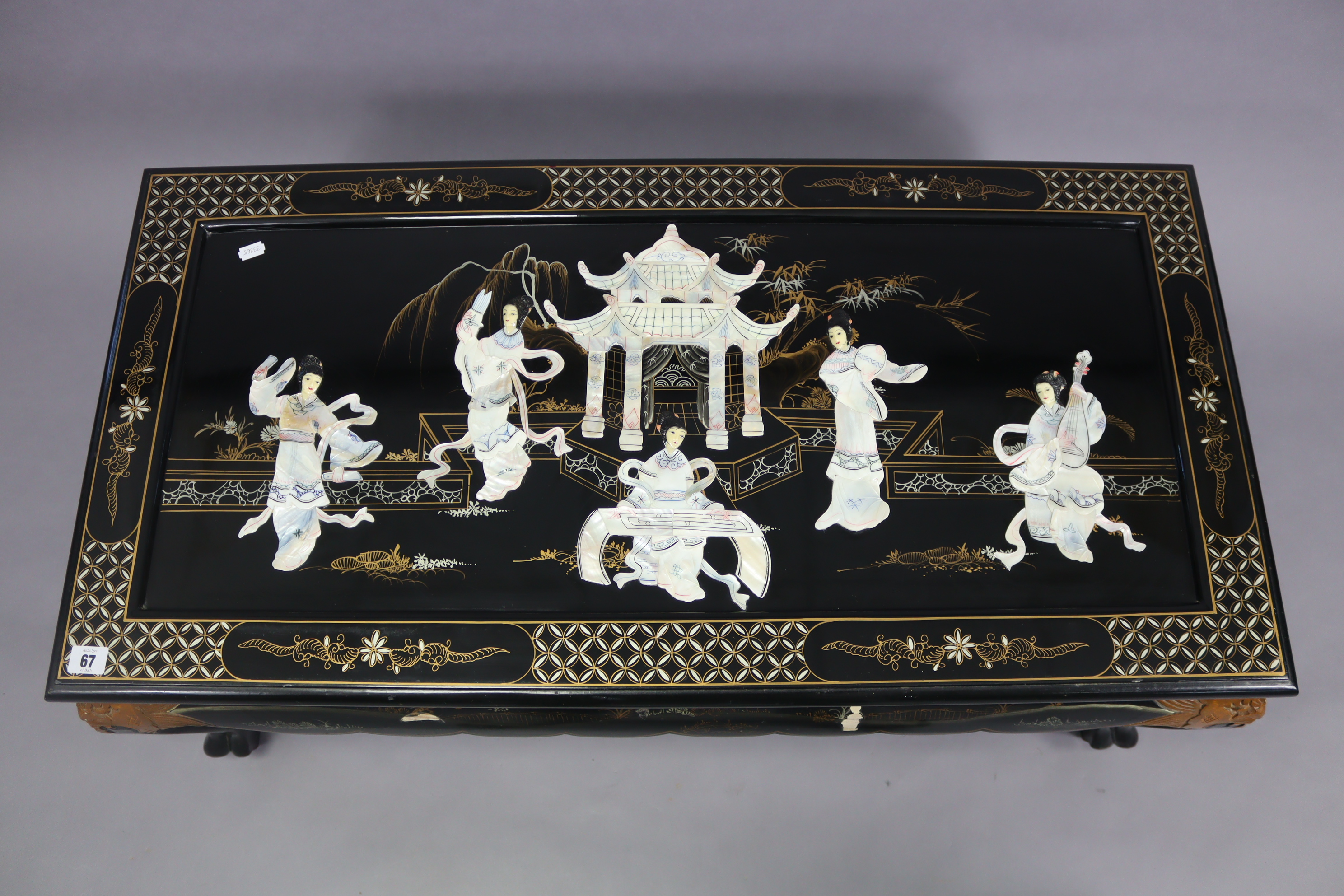 A Chinese-style black chinoiserie rectangular two-tier low coffee table with coloured figure-scene - Image 2 of 2