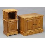 A pine bedside cabinet with an open recess above a panel door, 14” wide x 27” high; & a small pine