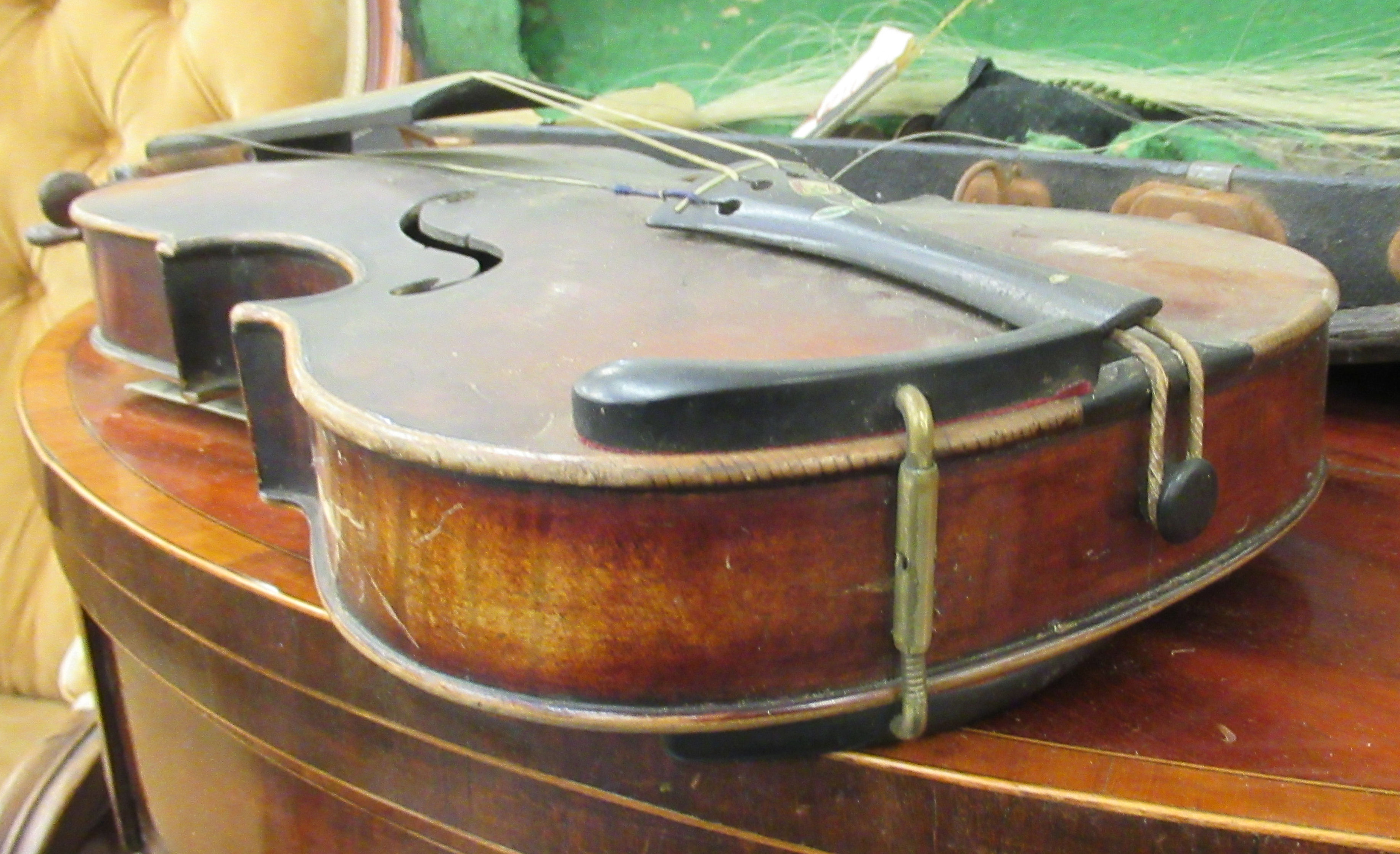 A late 19thC German violin with a two piece back and inlaid purfled edge the bow 13''L bears a - Image 6 of 10