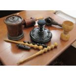 19thC and early 20thC treen: to include a needleworker's table clamp pin cushion;