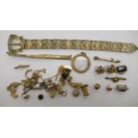 Silver gilt and yellow metal items of personal ornament: to include a (broken) 15ct gold clasp