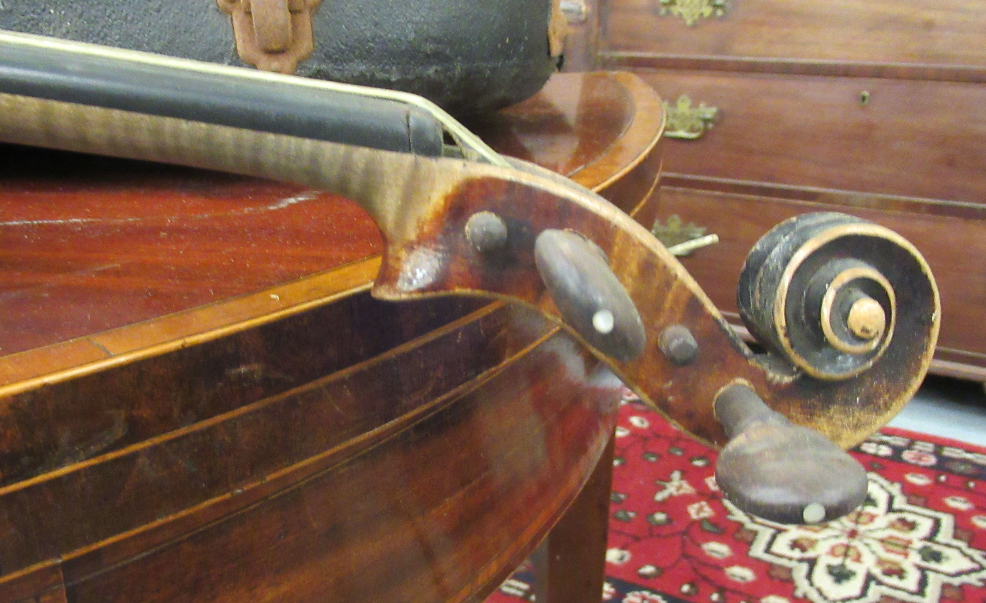 A late 19thC German violin with a two piece back and inlaid purfled edge the bow 13''L bears a - Image 7 of 10