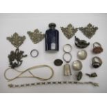 A quantity of silver trinkets: to include a blue porcelain and silver mounted scent bottle mixed