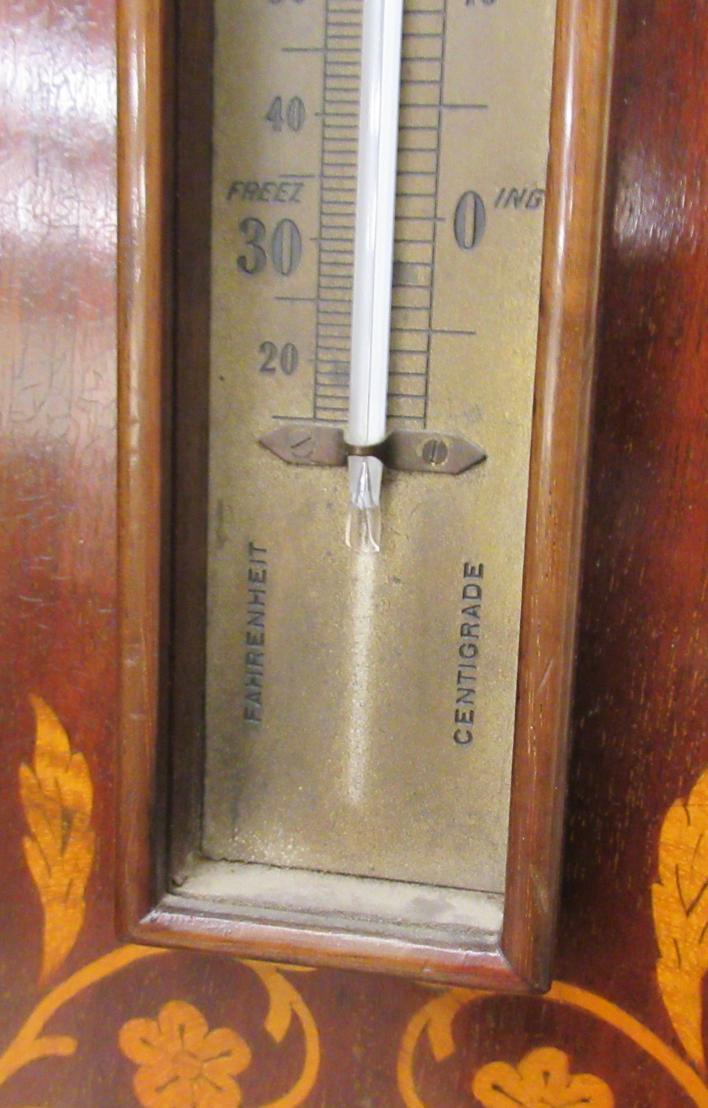 A late Victorian satinwood inlaid mahogany aneroid barometer 34''h RSF - Image 4 of 4