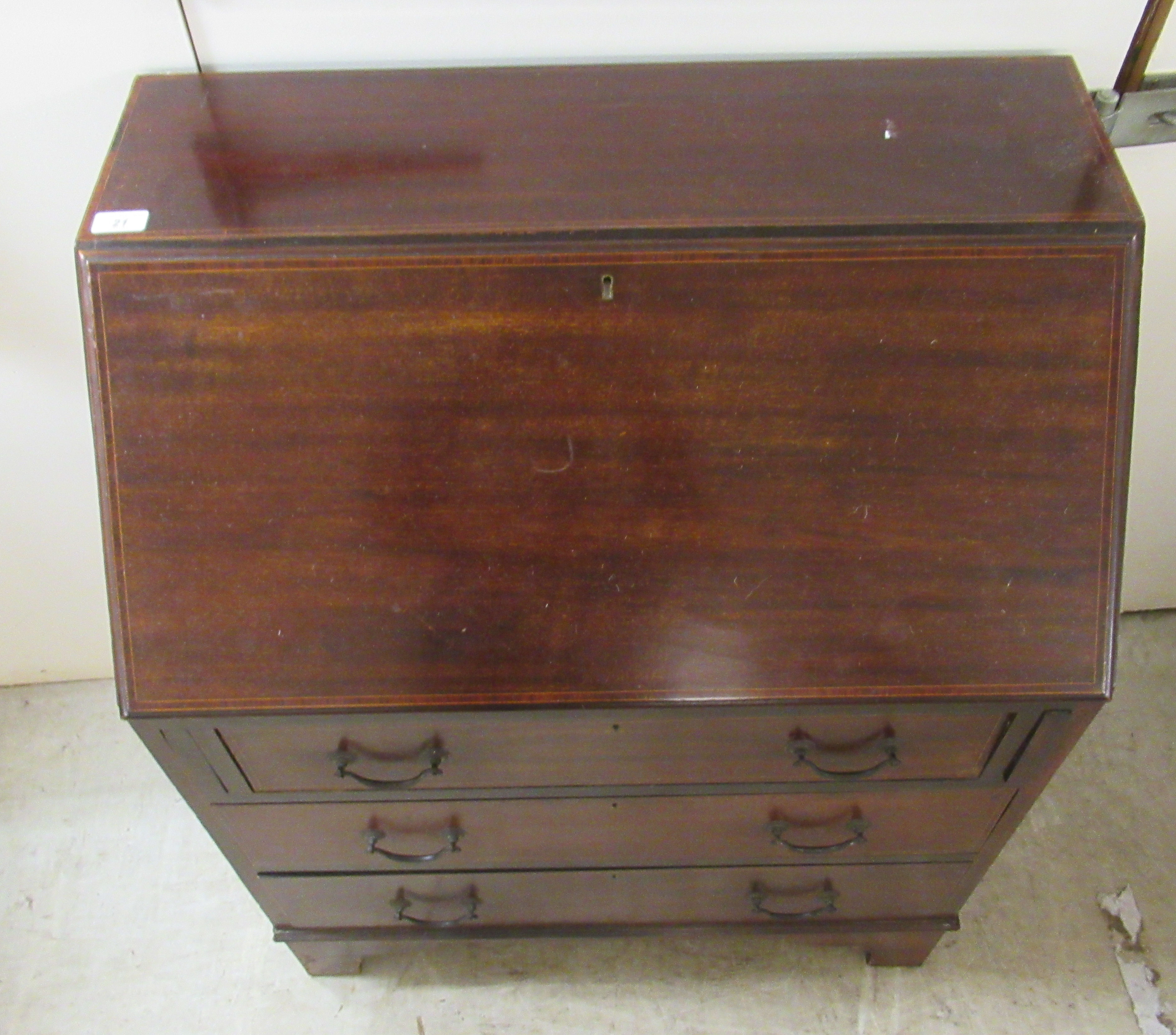 An early 20thC string inlaid mahogany bureau, the fall flap over three long drawers, - Image 2 of 5