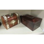 A Regency rosewood tea casket of sarcophagus form with a bead border and a hinged lid,