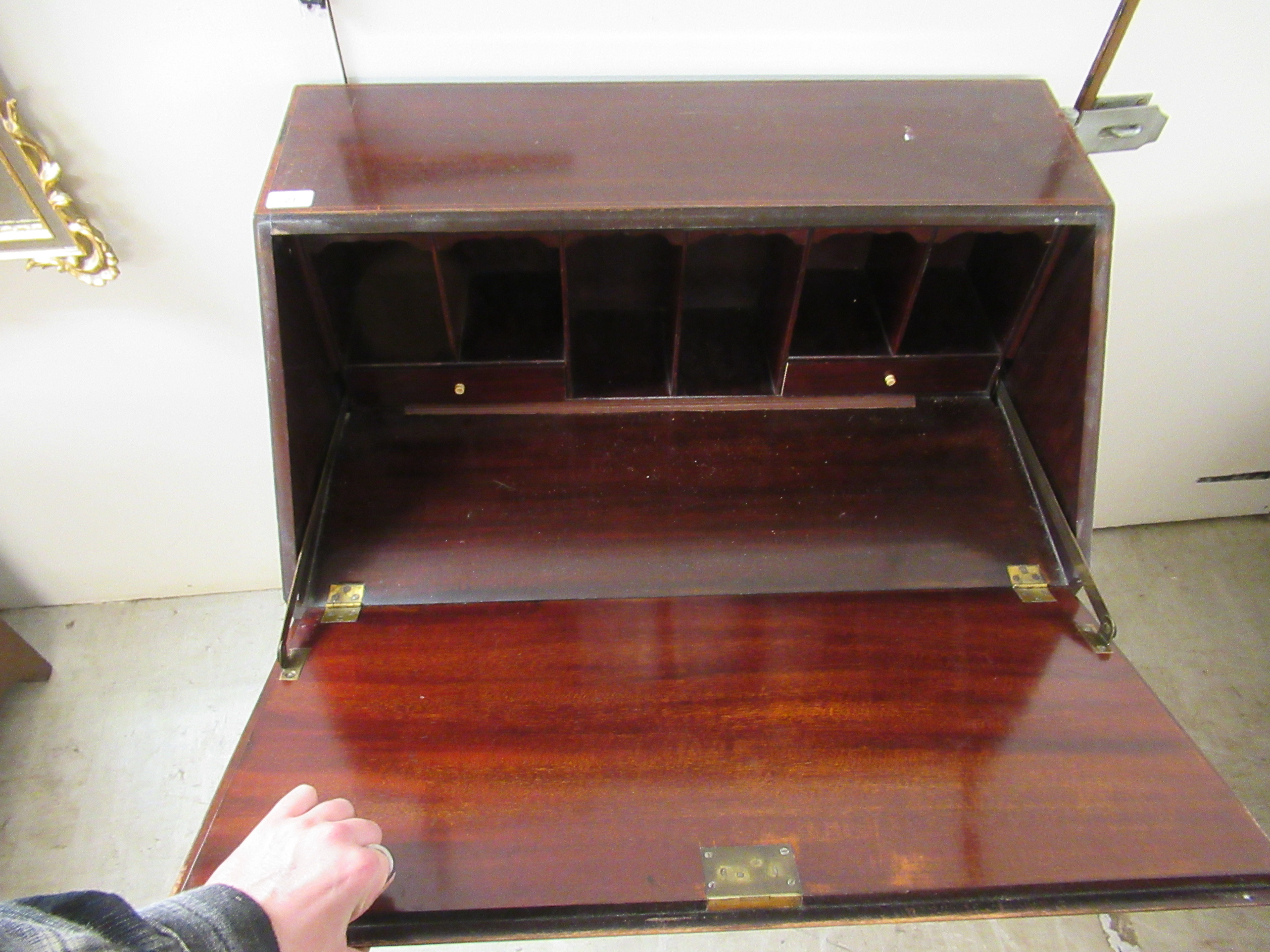 An early 20thC string inlaid mahogany bureau, the fall flap over three long drawers, - Image 3 of 5