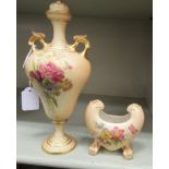 Edwardian Royal Worcester blush ivory glazed, gilded and floral decorated china ornaments, viz.