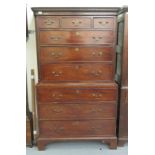 A George III mahogany chest-on-chest, having a dentil moulded cornice,