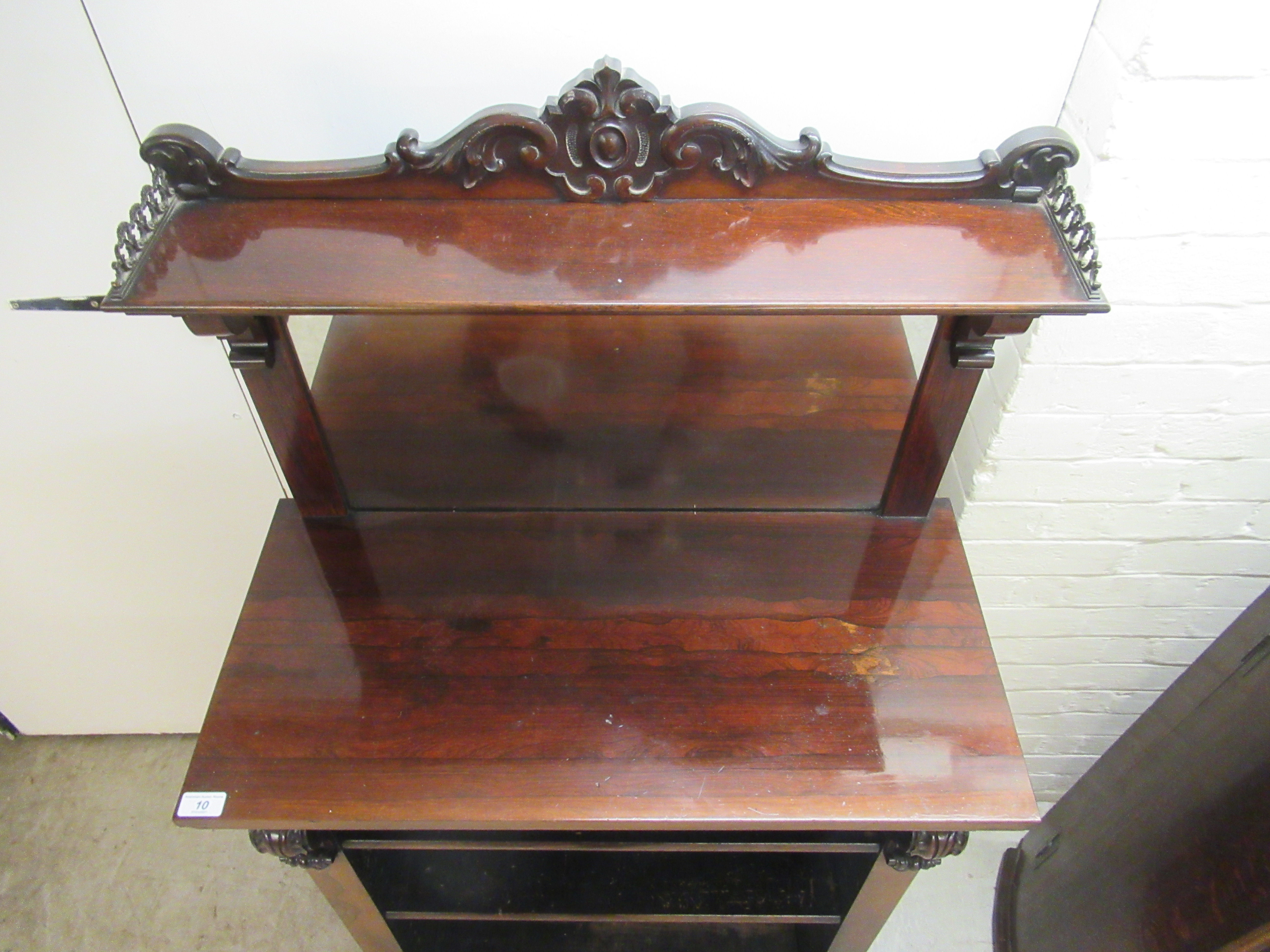 A mid Victorian rosewood chiffonier with a mirrored back, over two open front shelves, - Image 3 of 4