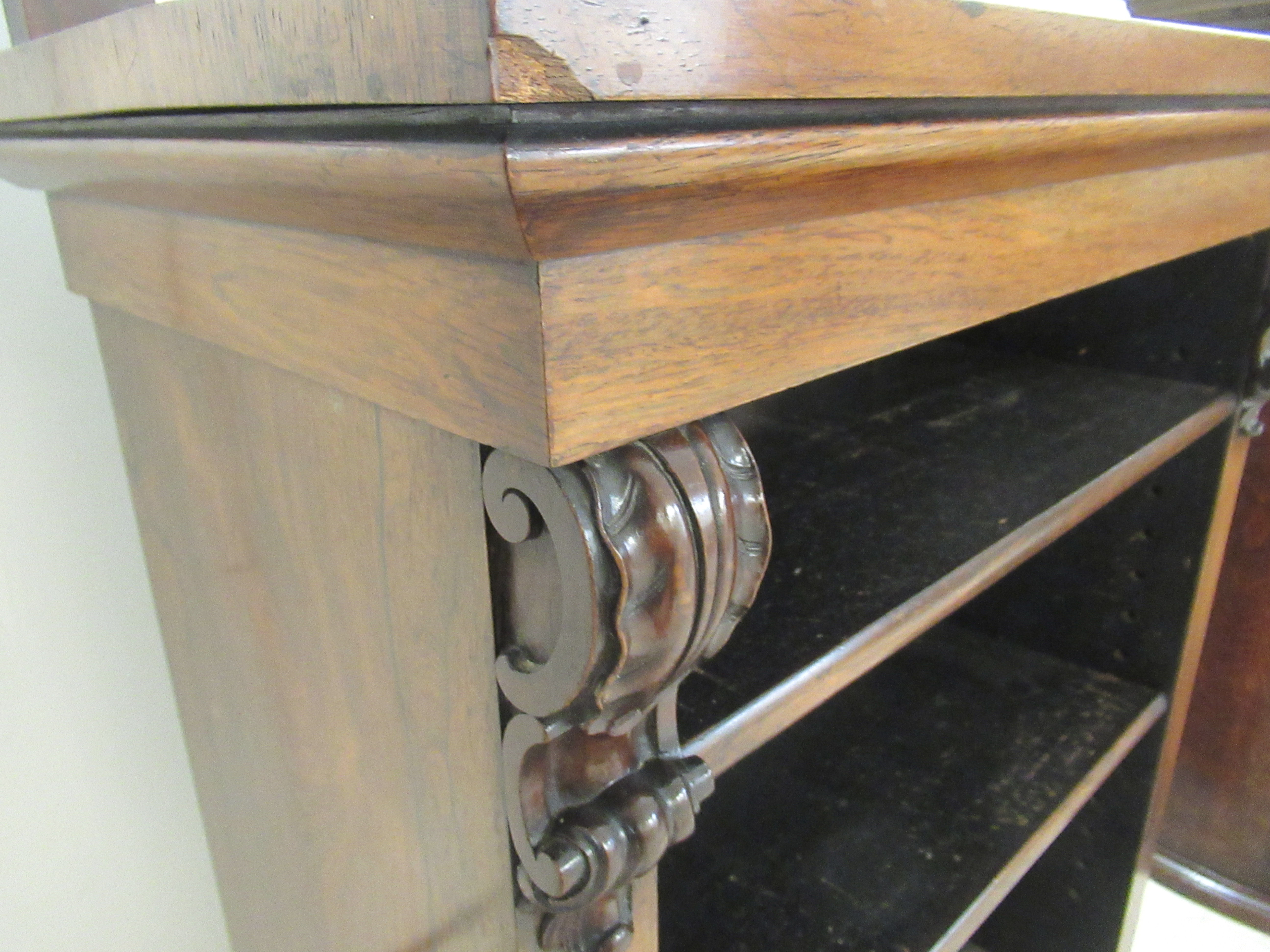 A mid Victorian rosewood chiffonier with a mirrored back, over two open front shelves, - Image 4 of 4