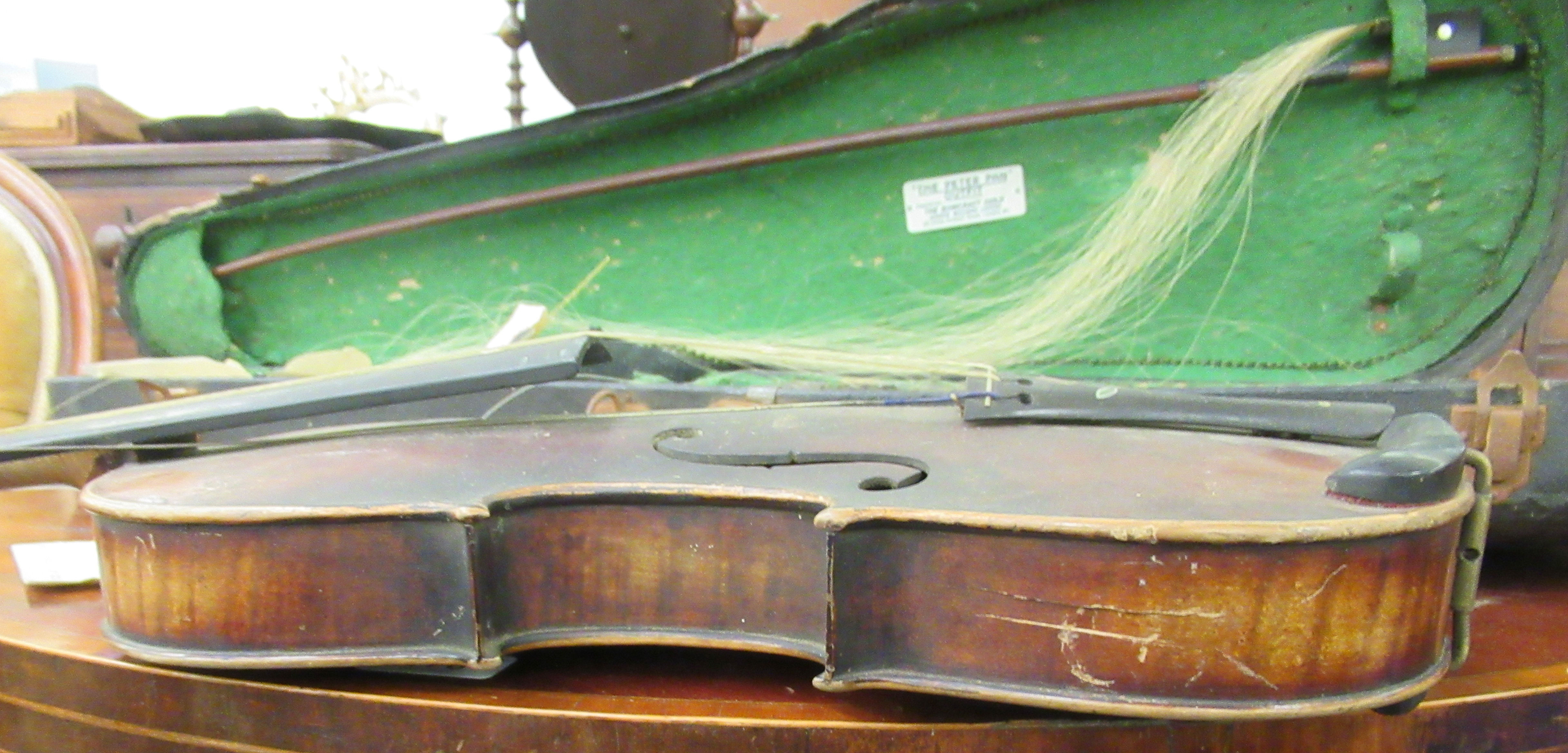 A late 19thC German violin with a two piece back and inlaid purfled edge the bow 13''L bears a - Image 5 of 10