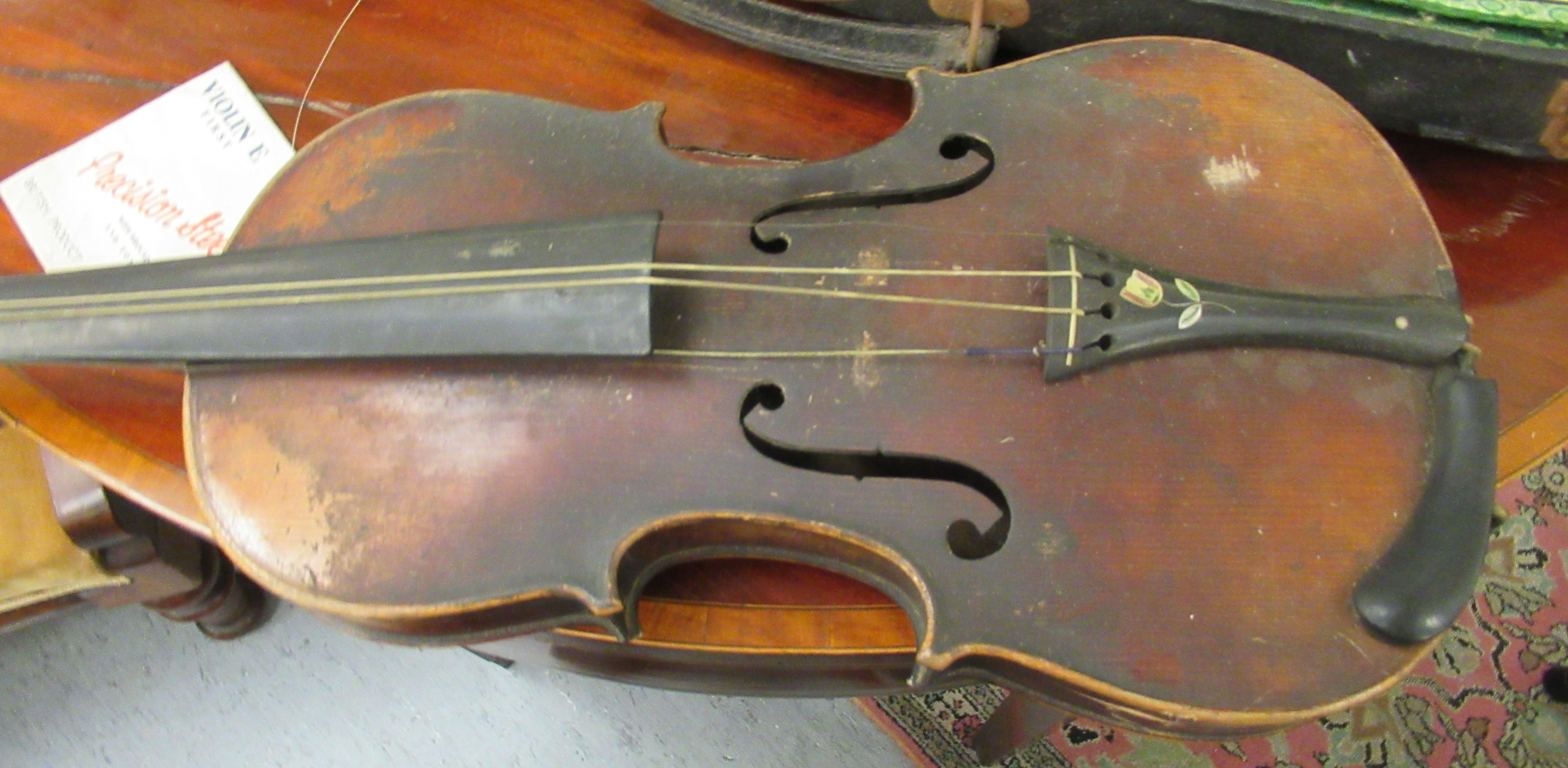 A late 19thC German violin with a two piece back and inlaid purfled edge the bow 13''L bears a - Image 3 of 10