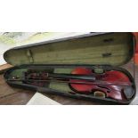 A 20thC violin with a one piece back 14''L and a bow cased CA
