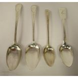 Four 19thC silver tablespoons: to include one with a feathered stem and initials on the terminal