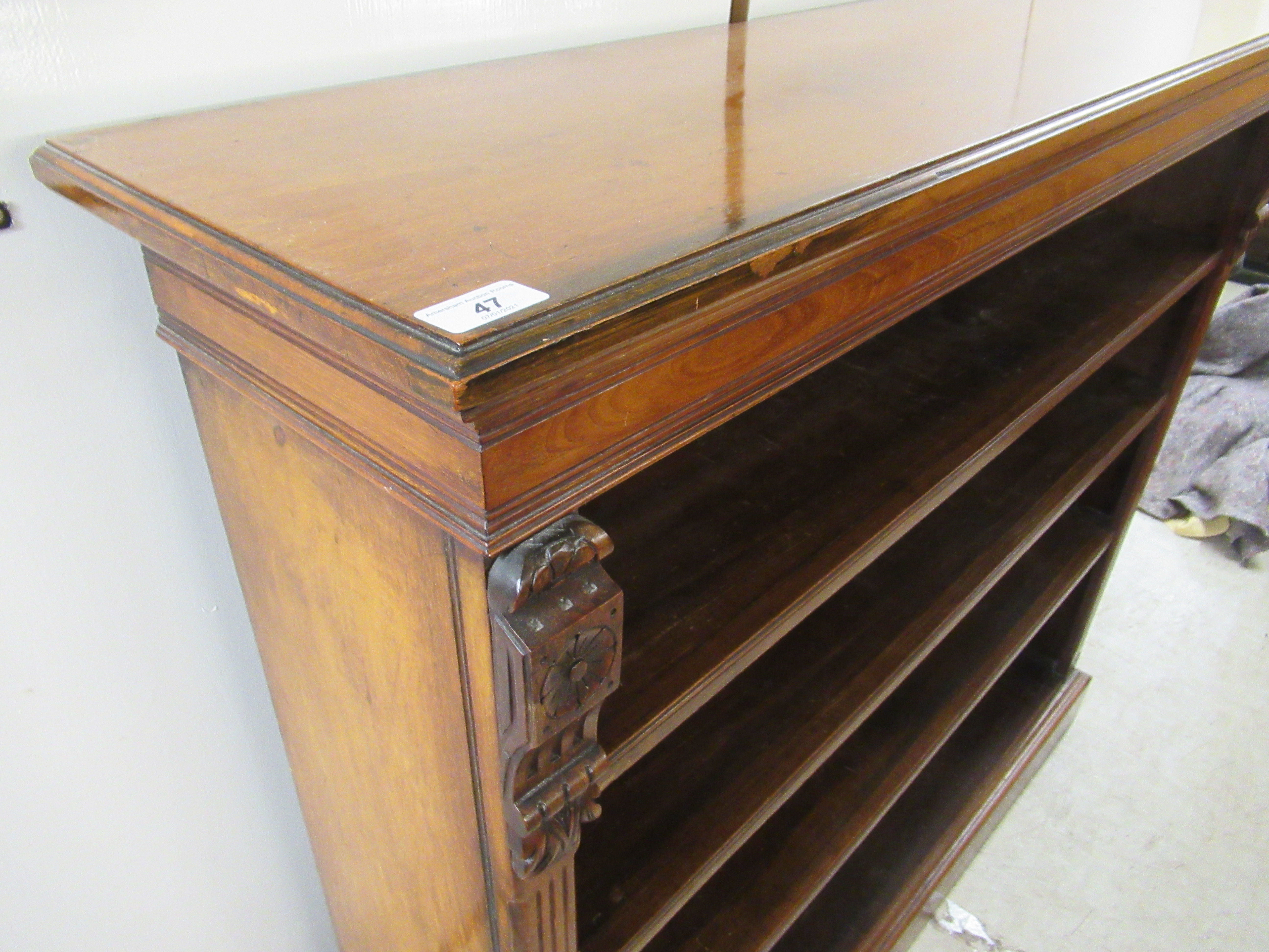 A late Victorian mahogany open front dwarf bookcase with three shelves, - Image 3 of 3