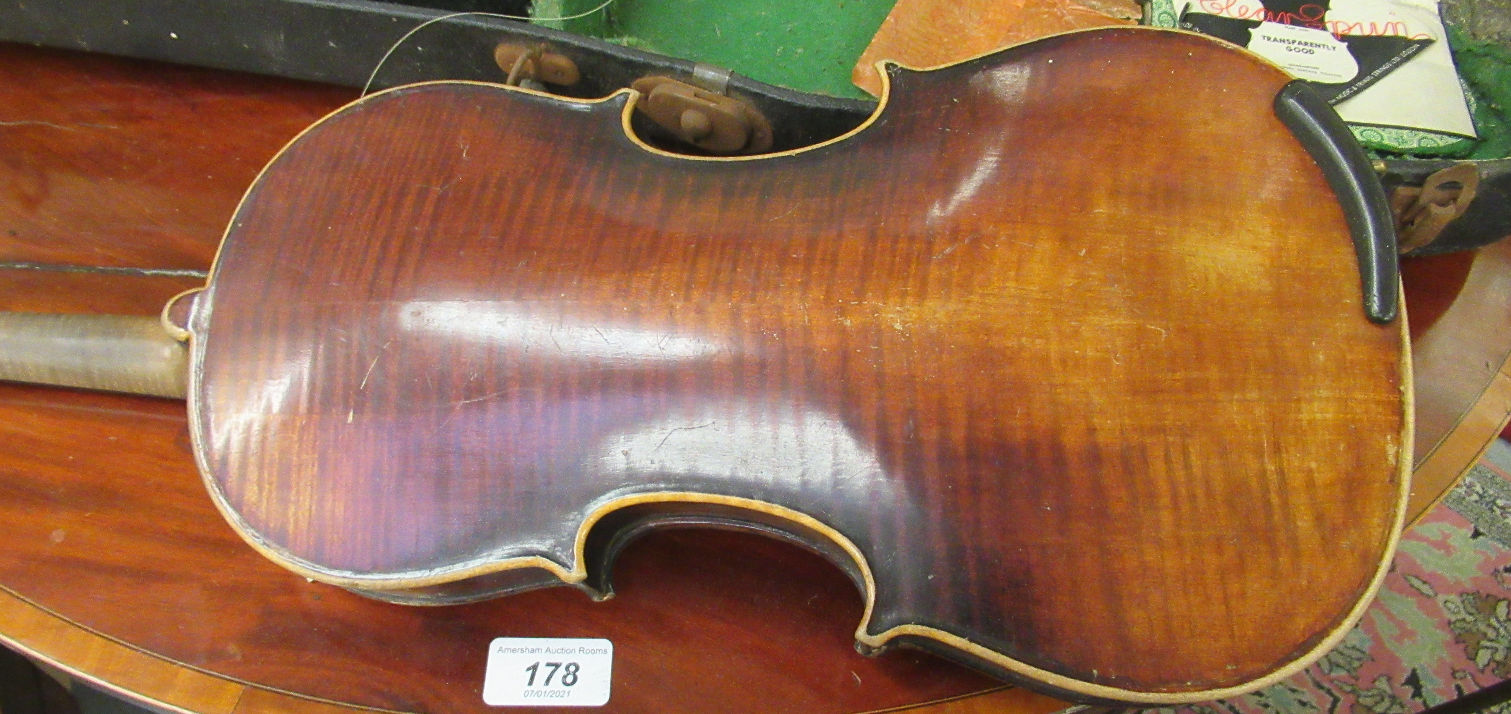 A late 19thC German violin with a two piece back and inlaid purfled edge the bow 13''L bears a - Image 8 of 10