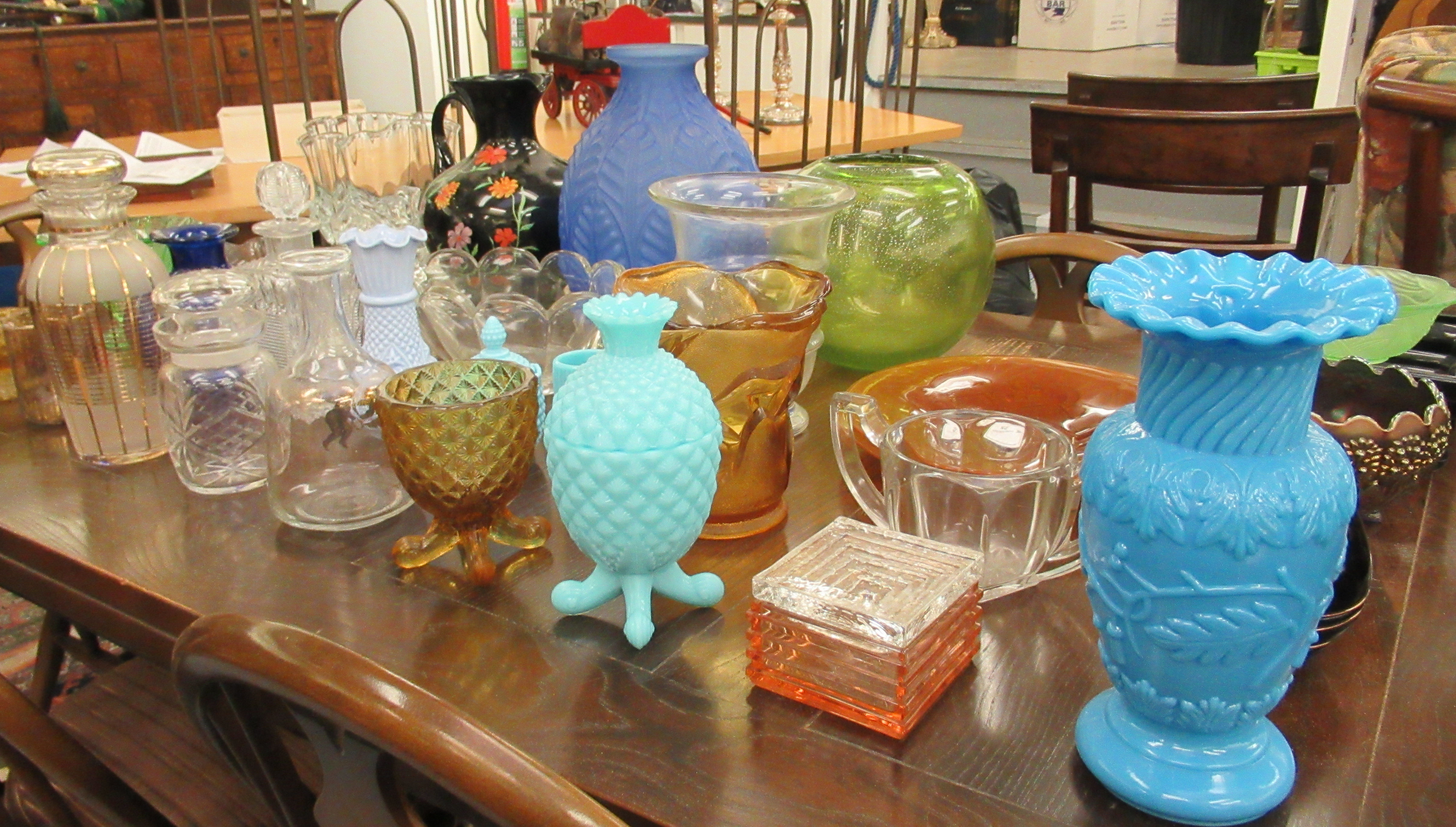 Decorative coloured and other glassware: to include two similar moulded pineapple design covered - Image 2 of 3