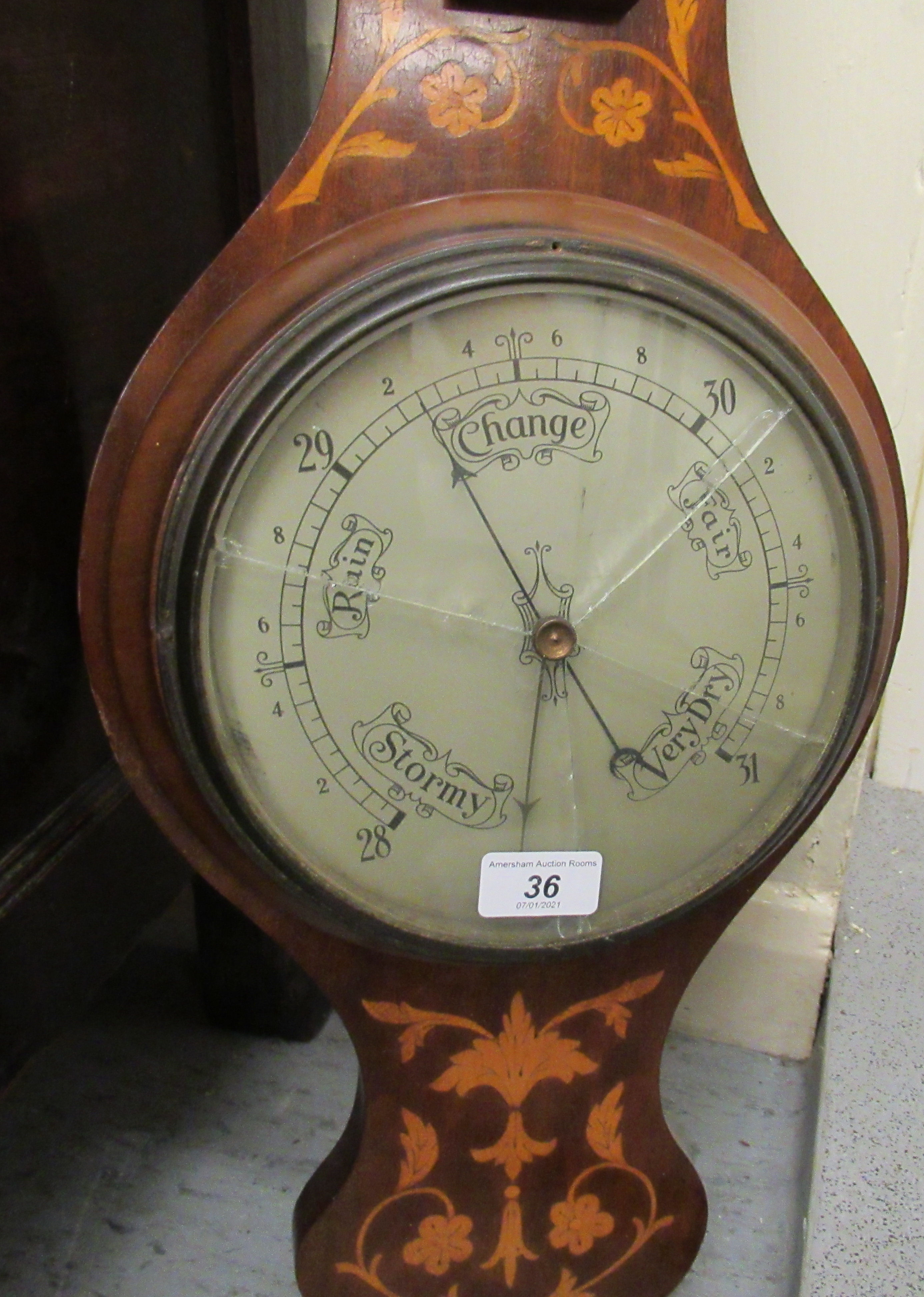 A late Victorian satinwood inlaid mahogany aneroid barometer 34''h RSF - Image 2 of 4