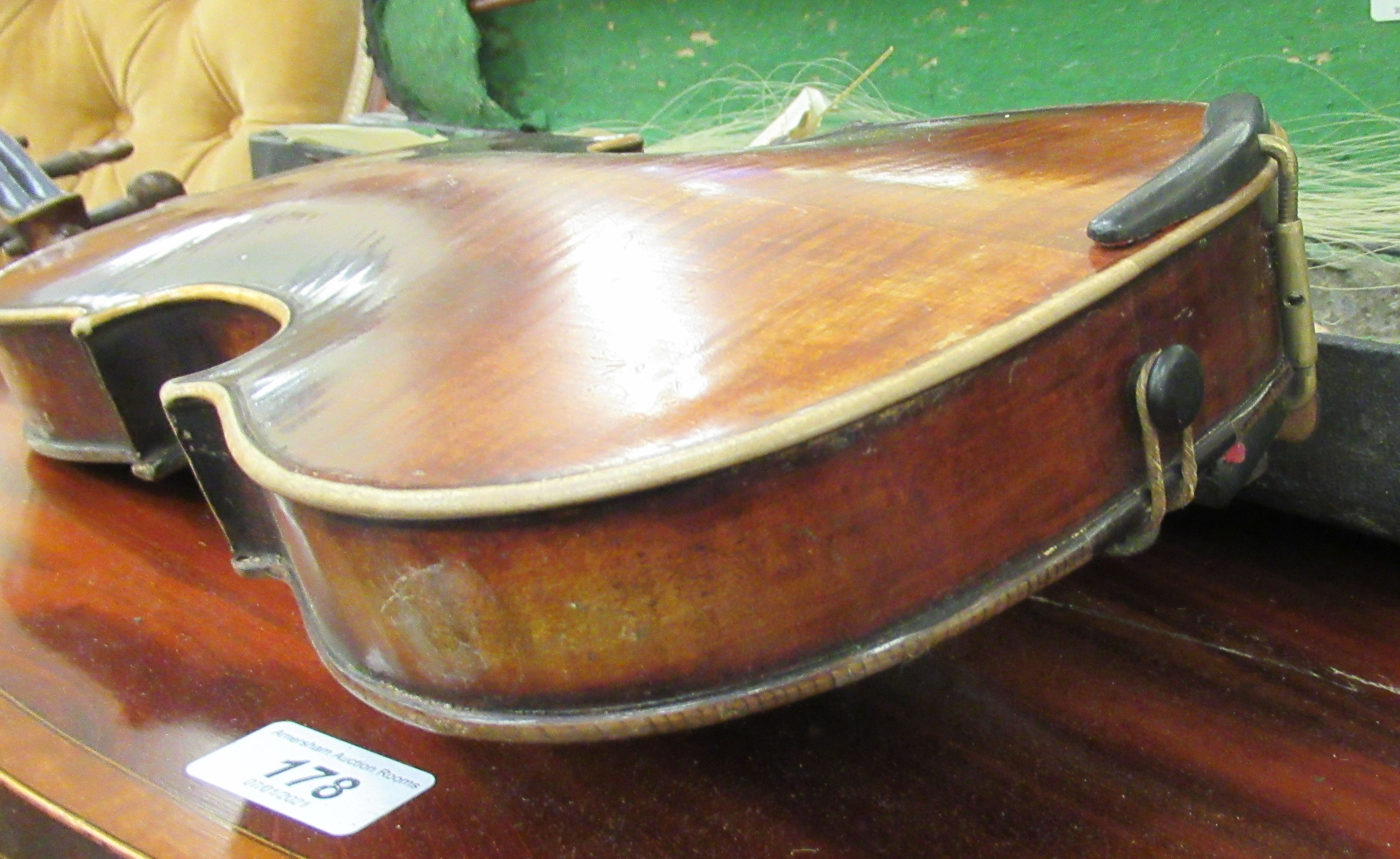 A late 19thC German violin with a two piece back and inlaid purfled edge the bow 13''L bears a - Image 10 of 10