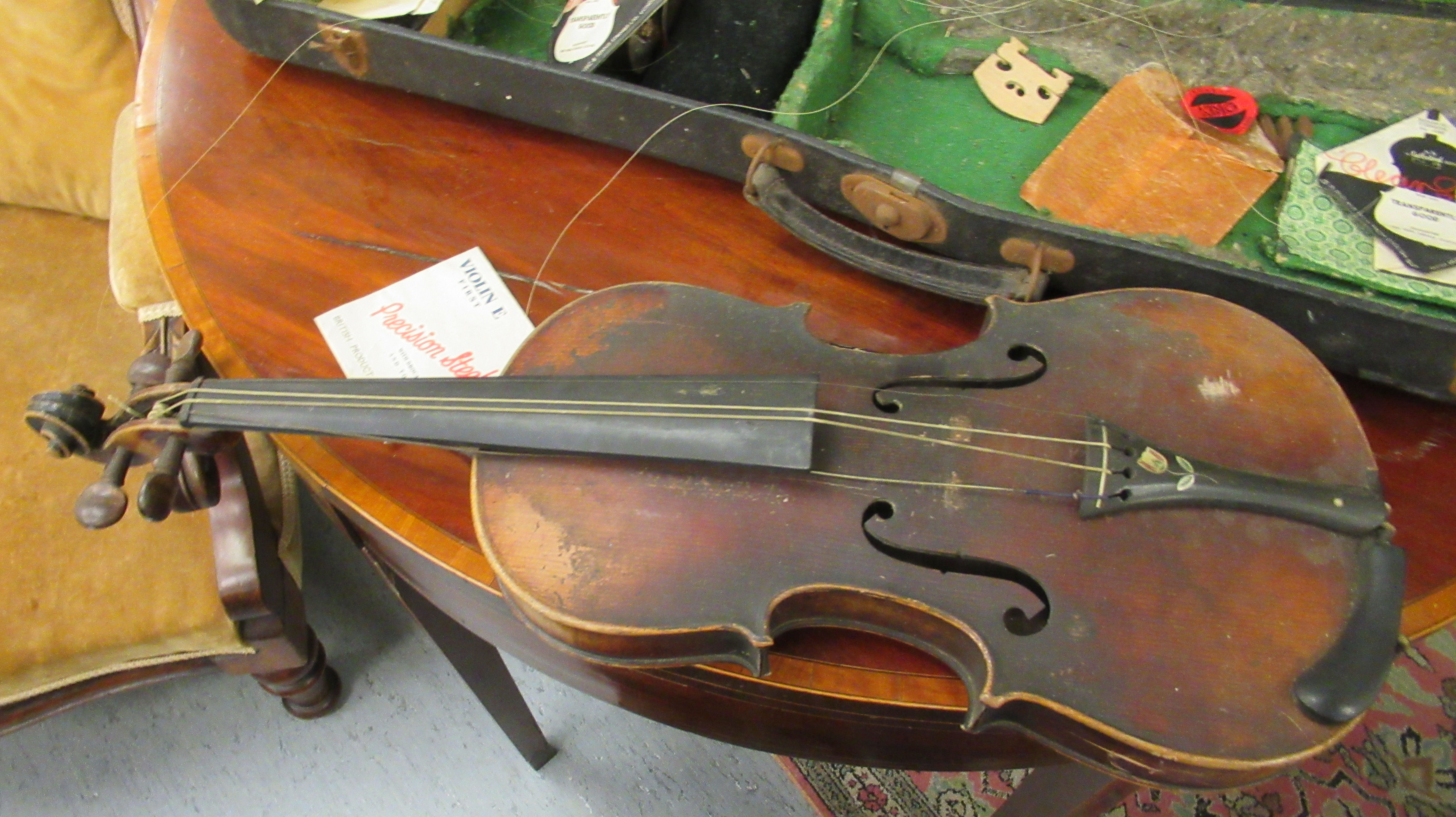 A late 19thC German violin with a two piece back and inlaid purfled edge the bow 13''L bears a - Image 2 of 10