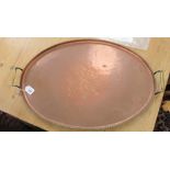 A Hugh Wallis Arts & Crafts beaten copper tray with opposing,