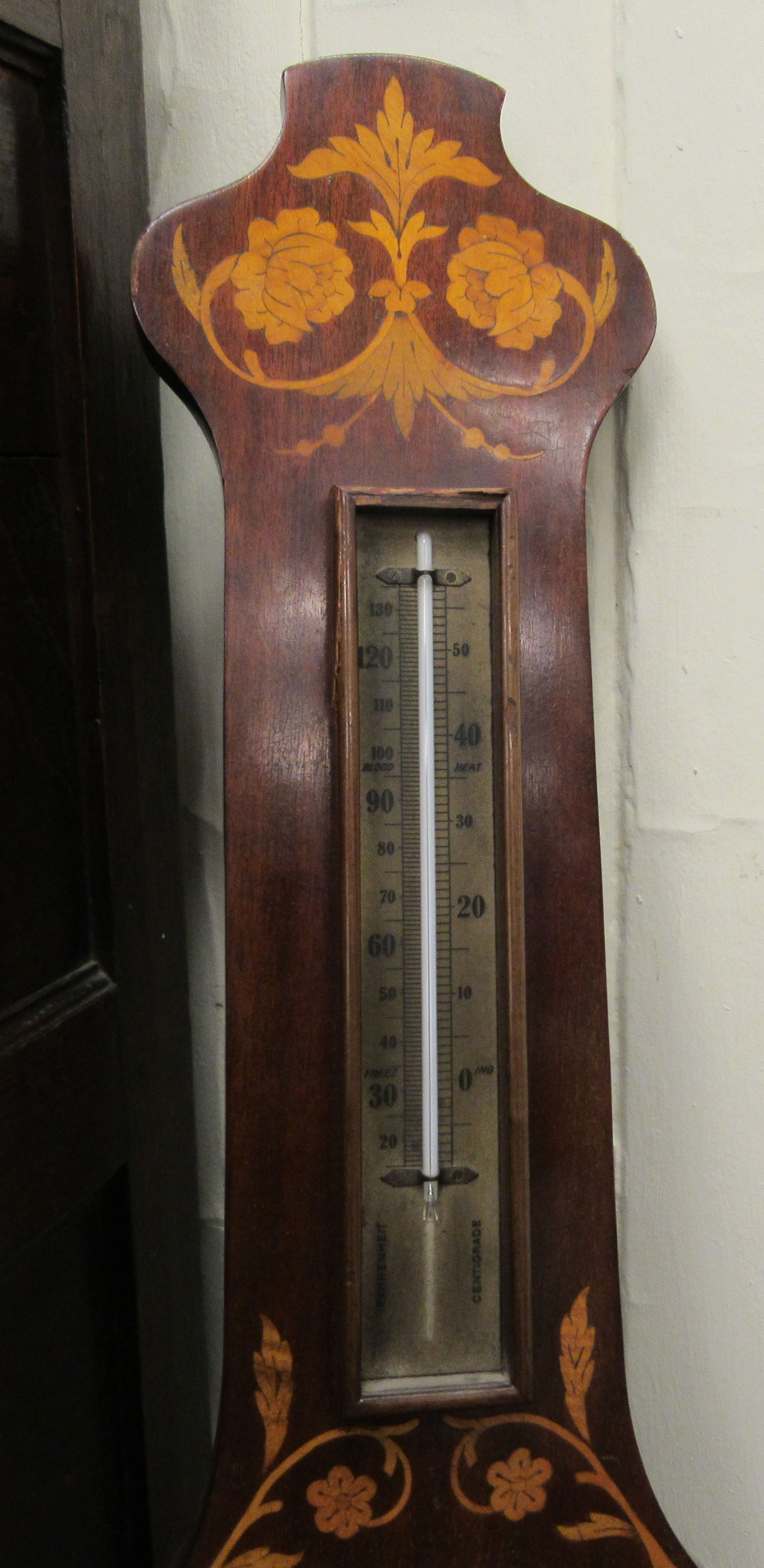 A late Victorian satinwood inlaid mahogany aneroid barometer 34''h RSF - Image 3 of 4