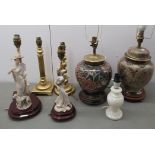 Seven various table lamps: to include two Naples porcelain examples 13'' & 10''h BSR