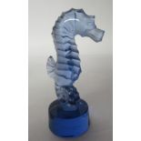 A Lalique blue glass miniature paperweight, in the form of a seahorse, on a circular plinth 3.