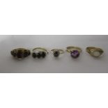 Five Victorian and later 9ct gold and other rings,
