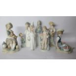 Seven Lladro porcelain figures: to include a young girl picking flowers 5''h U
