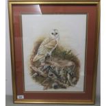 Amanda Hoskin - an owl, perched on a log watercolour bears a signature & dated '91 13.