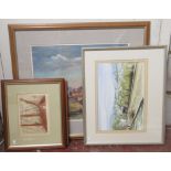 Four pictures and prints: to include DKD - a Spanish hillside village landscape pastel bears