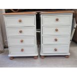 A pair of modern light grey painted and honey coloured pine, four drawer bedside chests,