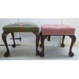 Two 20thC Georgian design mahogany framed stools, each with a cushioned seat,