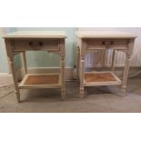 A pair of Laura Ashley cream painted bedside tables with a single drawer, over a caned undershelf,
