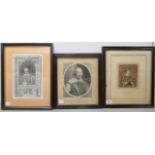 Three 19thC monochrome and coloured engravings: to include a portrait of King Henry VI 5'' x 6''